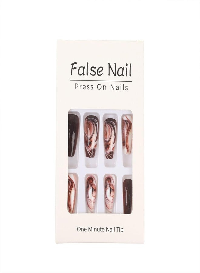 HJKDSFD Brown Marble Press On Nails Medium Length Fake Nails Coffin Shaped Glue On Nails With Coffee Designs Glossy Acrylic Artificial Nail Reusable False Nails For Women Girls 24pcs - Image 5